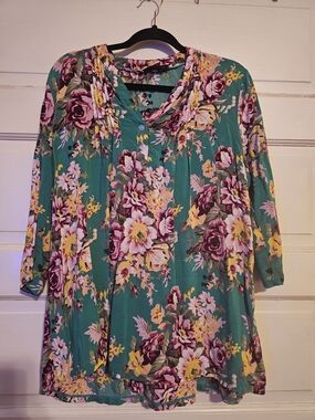 Glamour Farms Teal Floral 3/4 Sleeve Blouse – Size 3X (Dear Scarlett Style)